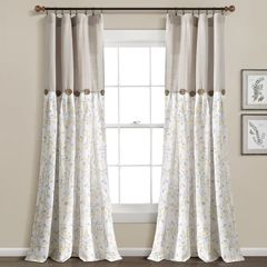 Gray/Yellow Floral Print Curtain Panel With Buttons Set of 2