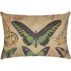 Green Butterfly Burlap Lumbar Pillow