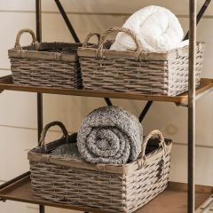 Handled Rattan Square Storage Baskets Set of 3