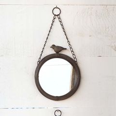 Hanging Round Metal Mirror With Bird 7 Inch