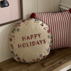 Happy Holidays Embroidered Round Pillow