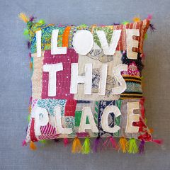 I Love This Place Fringed Kantha Accent Pillow