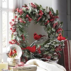 Iced Evergreen And Cardinal Wreath