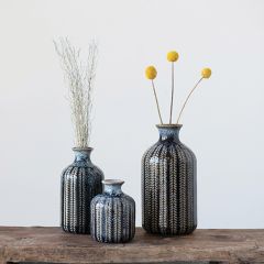 Leaf Pattern Striped Stoneware Vase Set of 3
