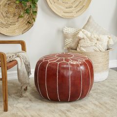 Leather Pouf With White Flower Stitch