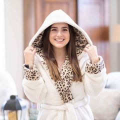 Leopard Trim Hooded Robe