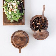 Acacia Wood Lidded Bowl With Spoon Set of 2