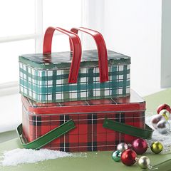 Lidded Holiday Plaid Decorative Picnic Baskets Set of 2