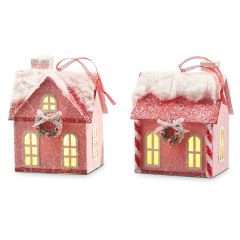 Light Up Frosted Pink House Ornament Set of 2
