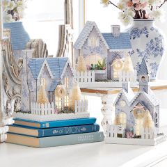 Lighted Blue Floral House Collection 7.75 Inch