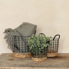 Metal and Woven Grass Basket Set of 3