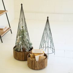 Metal Cone Tree with Recycled Wood Base Set of 2
