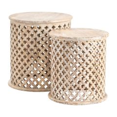 Natural Wood Cross Cutout Drum Accent Tables Set of 2