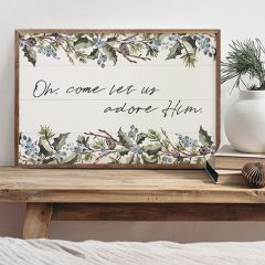 Oh Come Let Us Adore Him Blue Greenery White Framed Sign
