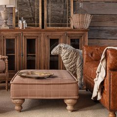 Oversized Fawn Plaid Upholstered Ottoman
