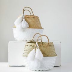 Painted Bottom Seagrass Basket With Tassels, Set of 2