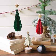Painted Metal Christmas Tree with Wood Base Set of 3