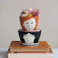 Painted Stoneware Face Planter with Floral Edge Saucer