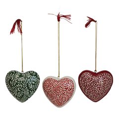 Paper Mache Heart Christmas Ornament Set of 3