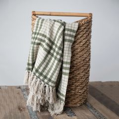 Printed Plaid Cotton Throw Blanket With Fringe