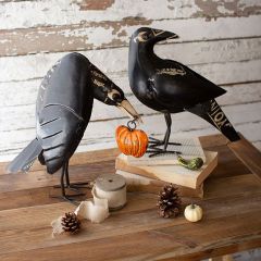 Recycled Iron Crow With Pumpkin Set of 2