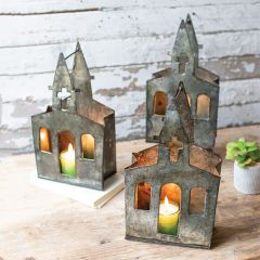 Recycled Metal Church Candle Holder Set of 6