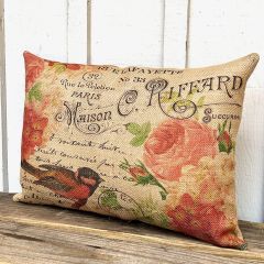 Red Bird With Roses Burlap Pillow