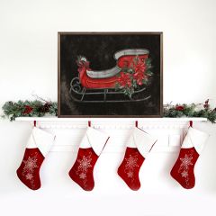 Red Sleigh With Poinsettia Black Framed Wall Art