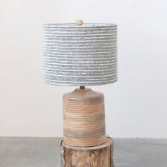 Ribbed Wood Table Lamp With Linen Stripe Shade
