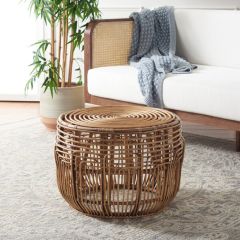 Round Brown Wash Rattan Ottoman