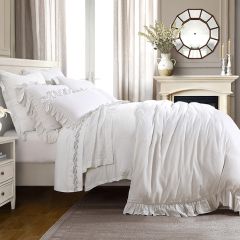3 Piece White Ruffled Linen Comforter Set