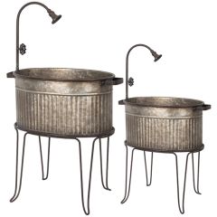 Rustic Farmhouse Flower Pot Tub on Stand Set of 2