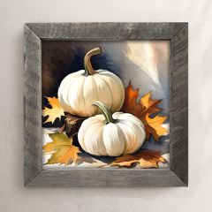 Rustic Framed White Pumpkins With Fall Leaves Wall Art