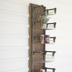 Rustic Industrial Wall Rack with Basket Shelves
