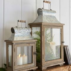 Rustic Wood and Metal Candle Lantern Set of 2