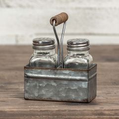 Salt and Pepper Shakers In Galvanized Caddy