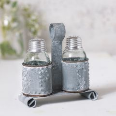 Salt And Pepper Shakers In Weathered Zinc Holder