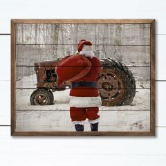 Santa With Tractor Framed Holiday Wall Art