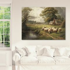 Sheep Grazing By The River Reproduction Canvas Wall Art