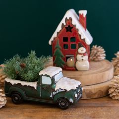 Snowy Ceramic House and Truck Set