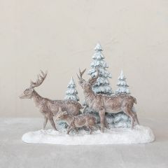 Snowy Deer Family With Trees Figure