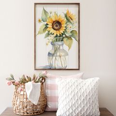 Sunflower Floral Vase White Framed Wall Decor