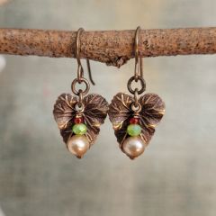 Textured Leaf With Beads Fish Hook Earrings