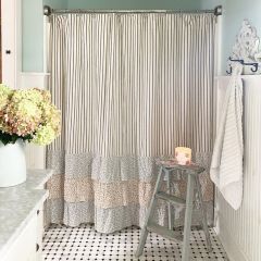 Ticking Stripe and Multi Floral Ruffled Shower Curtain