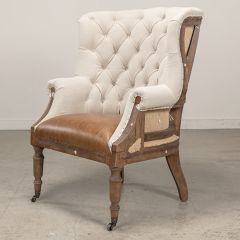 Tufted Linen and Leather Club Chair
