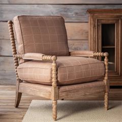 Turned Wood Plaid Cushion Accent Chair