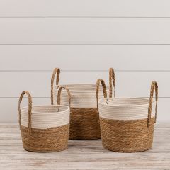 Two Tone Handled Rattan Baskets Set of 3
