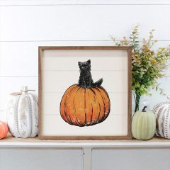 Vintage Halloween Cat On Pumpkin White Wall Art