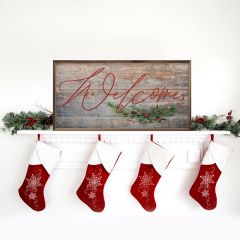 Welcome Red Berry Greenery Brown Wall Art