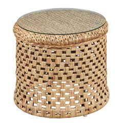 Wood and Rattan End Table With Glass Top